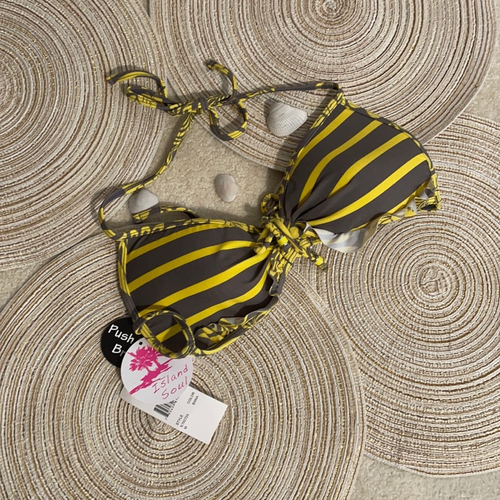 NWT taupe brown yellow striped M Island Soul banana push up bikini top frill